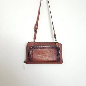 Patricia Nash Vintage Brown Chestnut 100% Italian Leather Zip Wallet with Strap
